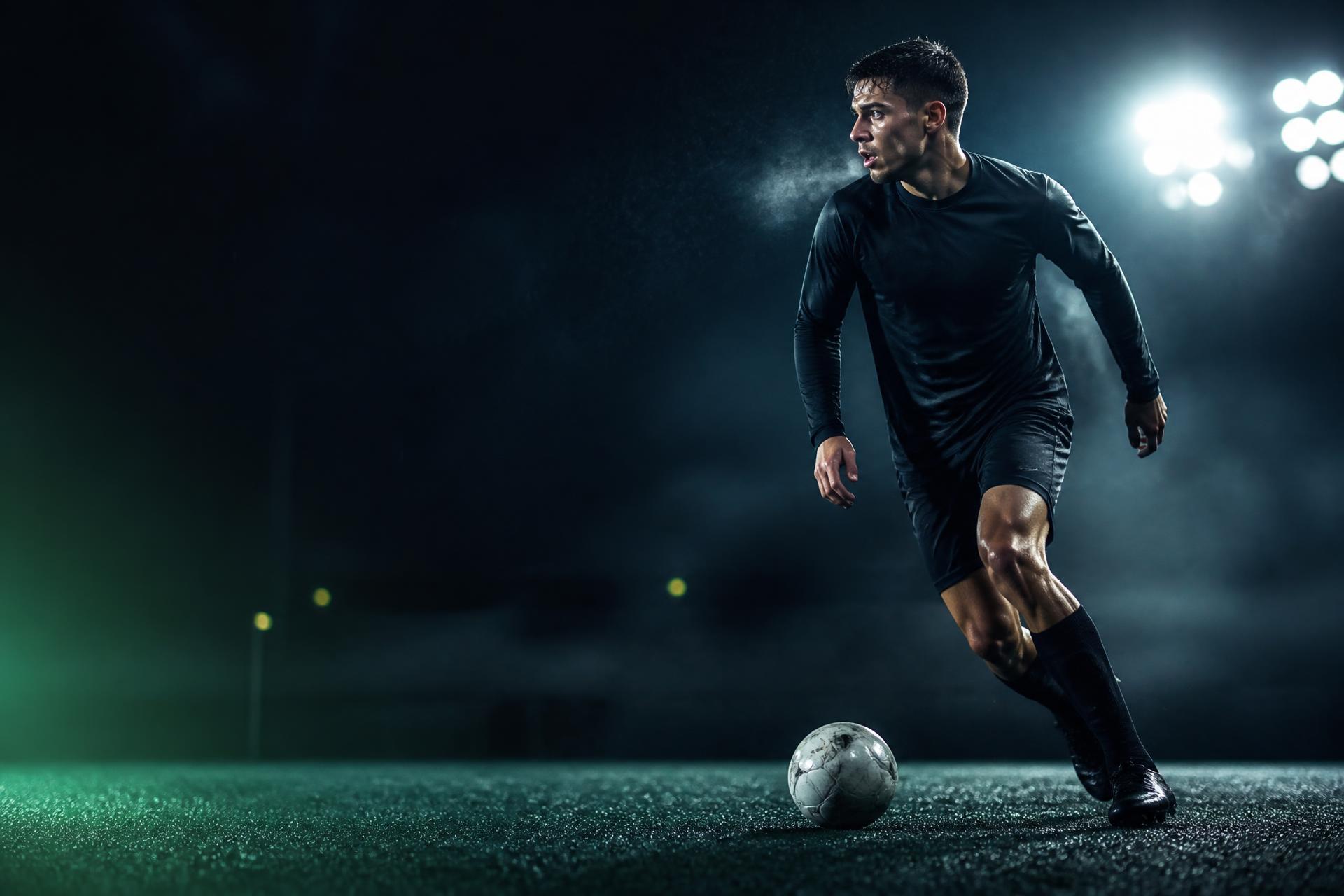 Footballer driving forward with the ball under stadium floodlights at night