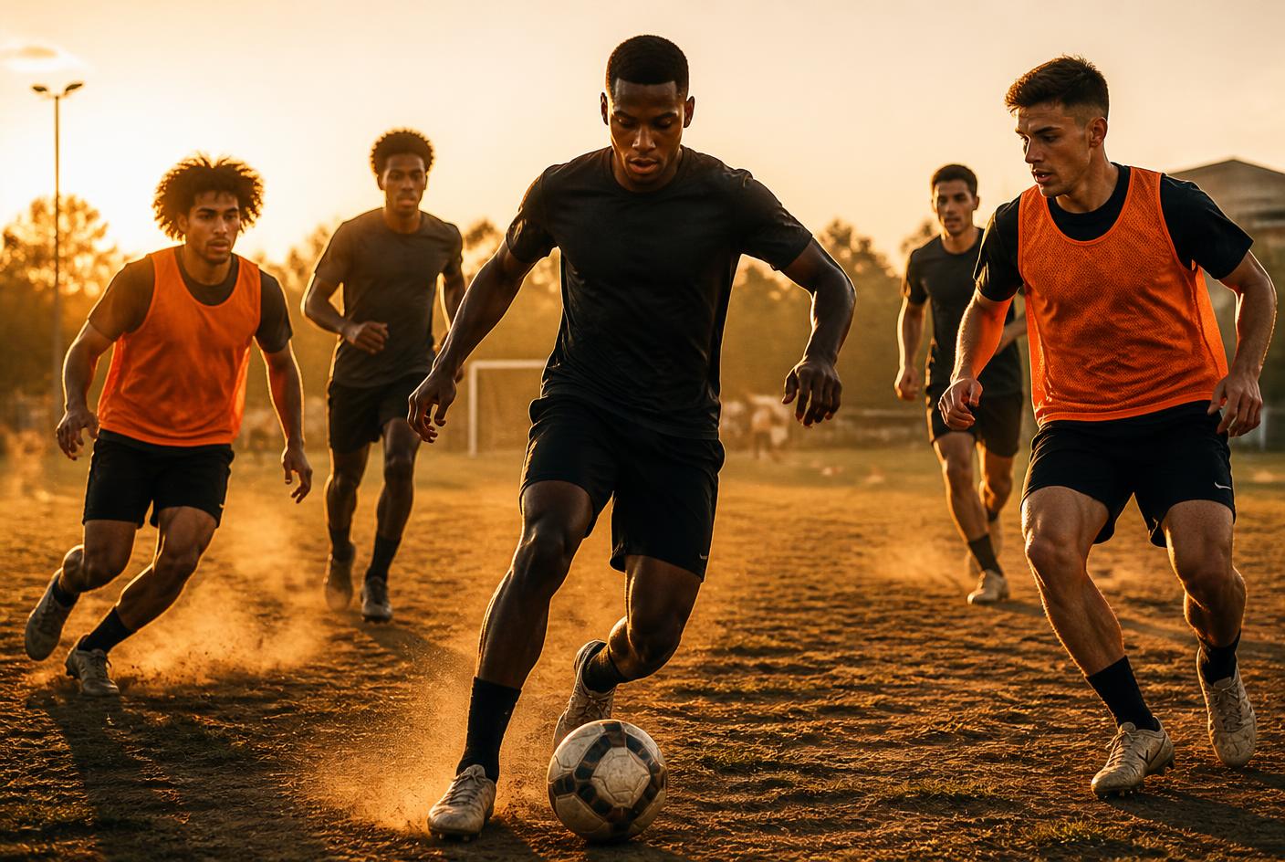 Group of footballers training together on an open pitch at golden hour